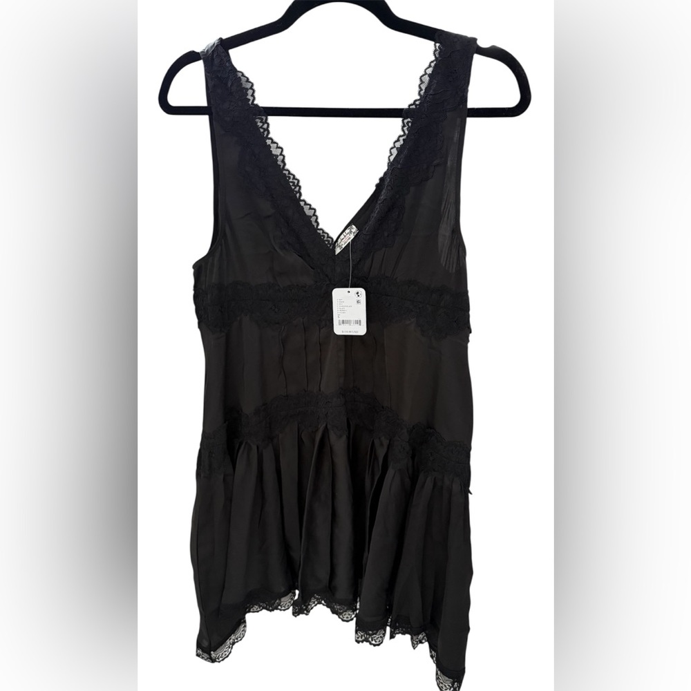 Free People New Tags Silk Black mini Asymmetrical Dress with Lace Trim S 2/4